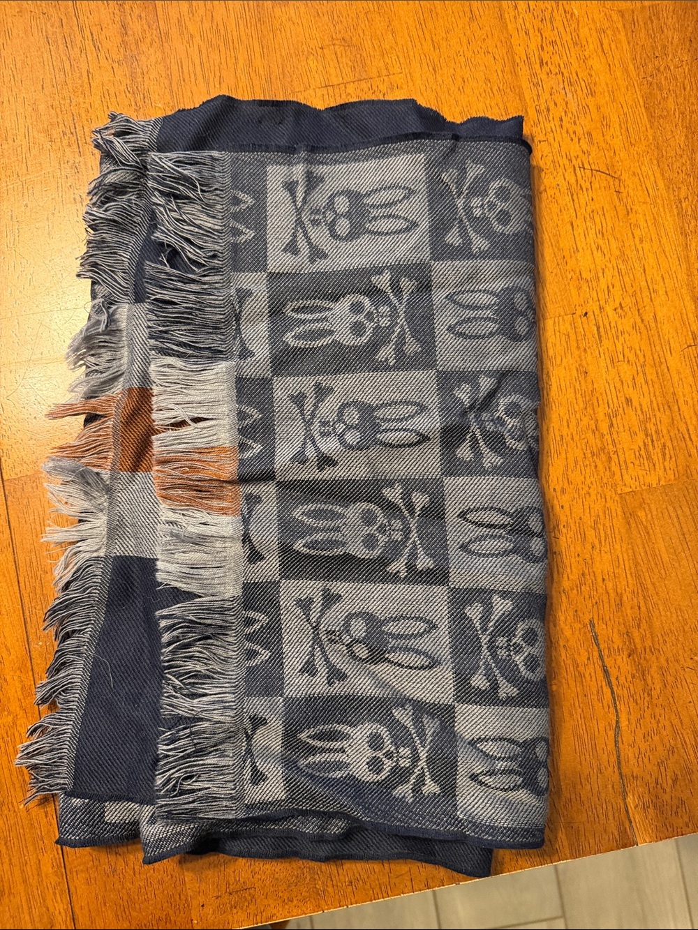 Psycho Bunny Navy & Gray Check Skull Fringe Scarf with Brown Accent